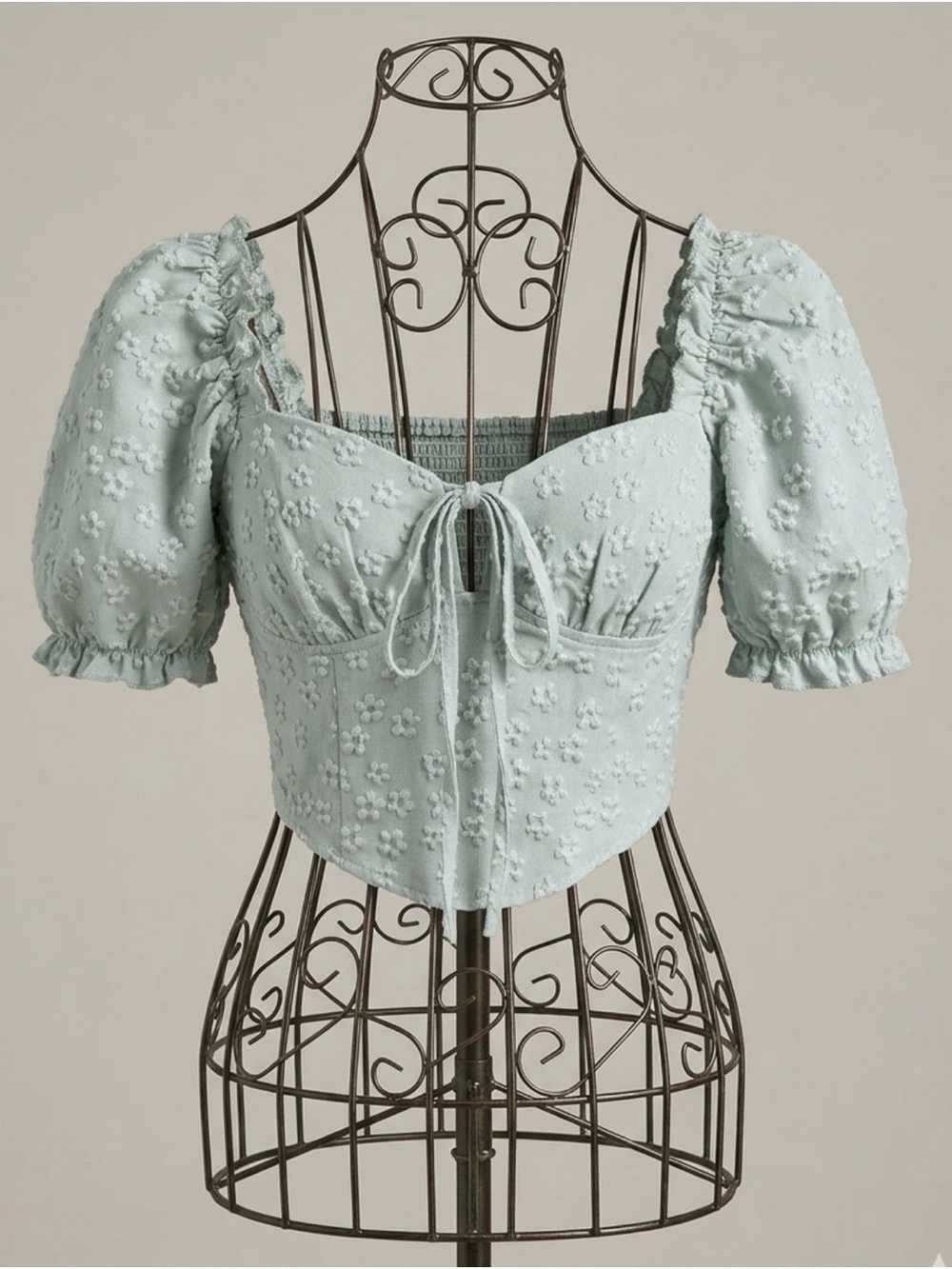Tie-Front Puff Sleeve Crop Top in Light Mint